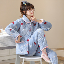 Pajamas ladies winter three-layer thick flannel pajamas set autumn warm coral fleece clip cotton-padded jacket home clothing