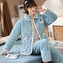 Pajamas ladies winter three layers of thick cotton coral fleece warm home clothing flannel sweet and lovely set