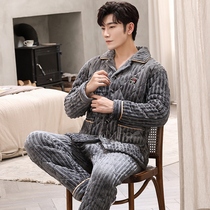 Autumn and winter pajamas thickened three-layer cotton cotton mens coral velvet can wear flannel winter home wear suit