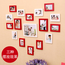 Heart-shaped photo wall Red and white solid wood photo wall Photo frame wall combination Photo frame creative combination 17 boxes