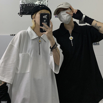 YUDOUDOU Korea ins small daisy flower zipper solid color loose bf wind super fire polo collar short-sleeved men and women