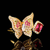 Marry tremble live imitation ruby butterfly butterfly plating 18K gold full diamond Super fairy heavy industry niche opening ring
