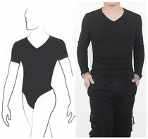 Mens V-neck flesh color one-piece top Chicken heart collar cotton base shirt Ballet practice suit Short long sleeve T-shirt fat