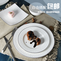 Bone China 10 inch flat plate silver edge steak plate Western snack plate Simple European relief tableware with knife fork and spoon set