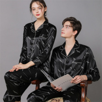 Couples ice silk pajamas womens spring and autumn mens household clothes summer thin silk long sleeve high-grade printing two-piece set