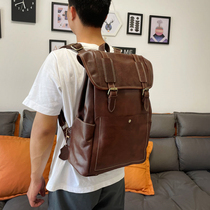 Handmade Genuine Leather Mens Backpack Crazy Horse Leather British Style Mens Bag Vintage Top Layer Cowhide Travel Backpack Large Capacity