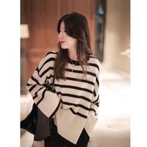 Striped loose 100 hitch thickened sweater womens sleeve head Lazy Big Korean version Bottoms Casual Outwear Cashmere Sweater