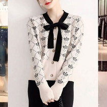 Early autumn small fragrant breeze bow wool knitted cardigan women Spring and Autumn outside long sleeve loose jacquard sweater coat tide