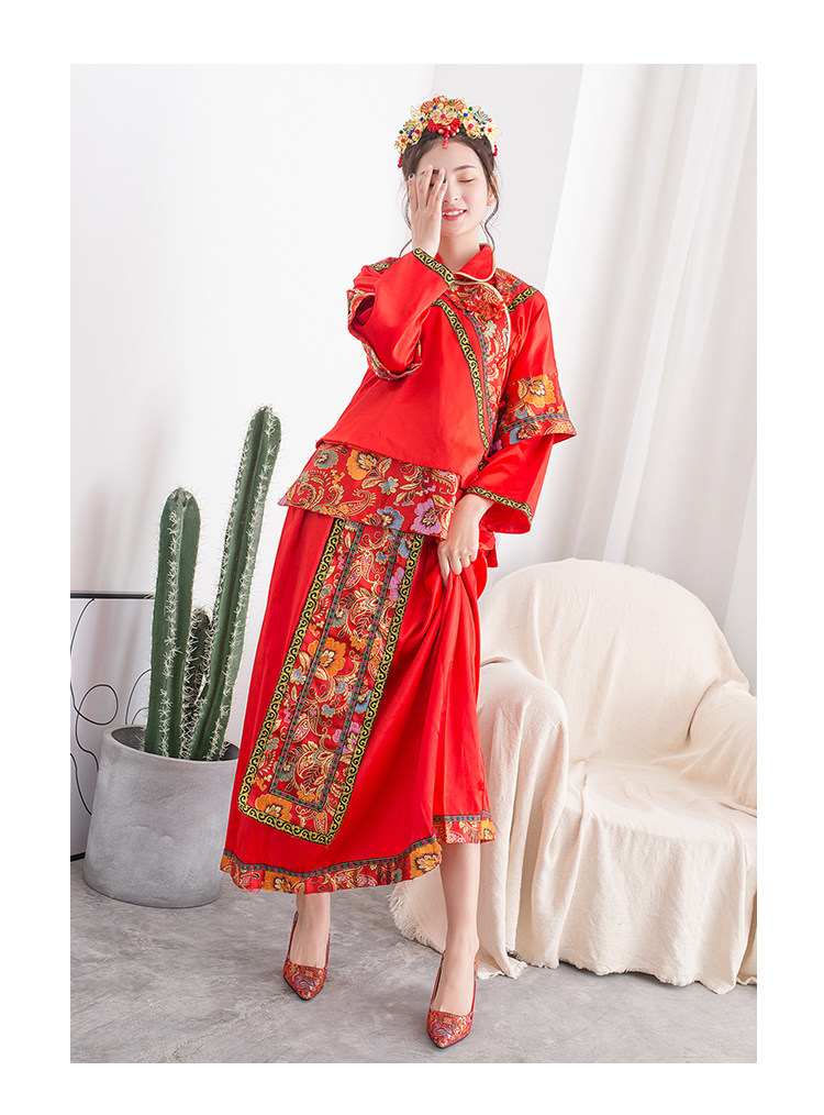 秀禾鞋复古典高跟粗跟婚鞋刺绣花加绒红色新娘鞋细跟绸缎面女单鞋