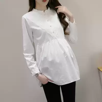 Pregnant women's shirt autumn long sleeve medium and long version of stand neck coat new Korean version loose fashion white professional inner shirt