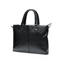 Hong Kong Han Edition Zipper Retro Casual Black Bull Leather Single Shoulder Briefcase Trendy Men Business Handbag
