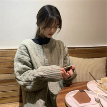 Grey Outwear Knit Cardiovert Sweater Woman 2022 Autumn Winter New Loose Twist Lazy Wind Round Collar Short jacket