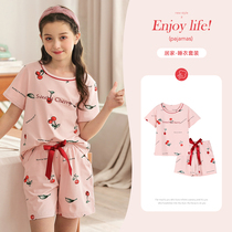  Childrens pajamas girls summer short-sleeved thin section pure cotton girls middle and large childrens cartoon summer cotton home clothes set