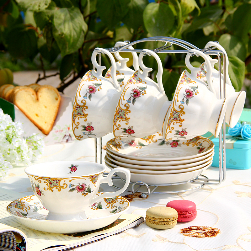 Coffee cup set ceramic European tea English afternoon tea tea set red cup dish 6 cup with light shelf of key-2 luxury