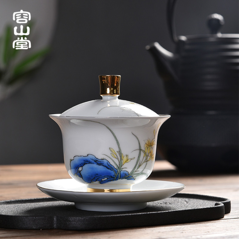RongShan hall gode tasted silver gilding suet jade porcelain tureen ceramic blue large three bowl kung fu tea set