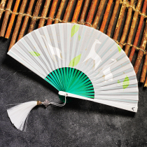 Fresh wind White Deer folding fan with retro style Japanese Hanfu cheongsam photo props to send leap honey gift
