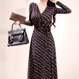 Temperament V-neck retro lace up waist print skirt wrap dress