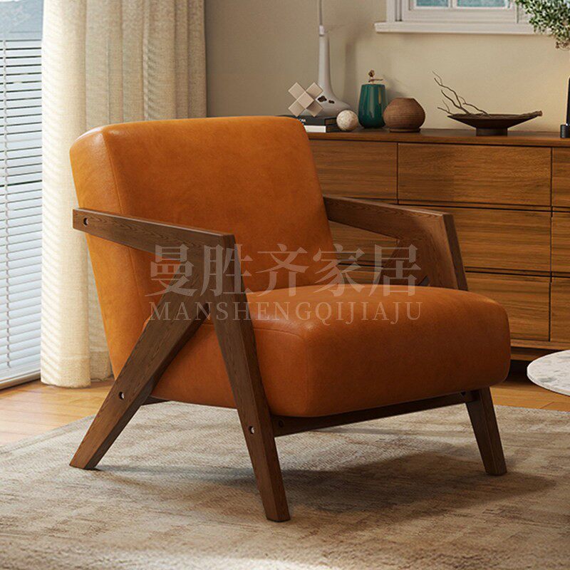 Middle ancient style Richard chair, living room single sofa chair, designer balcony, French retro solid wood lazy leisure chair (-1:-110:Product specifications:Khaki retro oil wax leather+walnut solid wood frame)