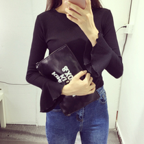 2018 Spring and Autumn wooden ear long sleeve T-shirt female homemade chic horn sleeve slim thin ruffle base shirt thin