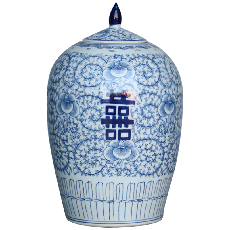 Jingdezhen blue and white idea gourd happy character antique hand - made tank storage tank furnishing articles of Chinese style classical decoration porcelain arts and crafts