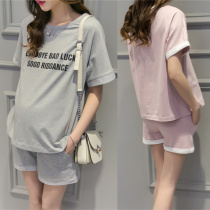Fashion Pregnant Woman Suit Korean Version Loose big code Two sets pure cotton short sleeve casual T-shirt Summer boarty Totbelly pants