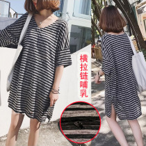 Fashion-style boomer T-shirt with loose large code 200 catty of pregnant woman striped blouse and dresses in dress summer