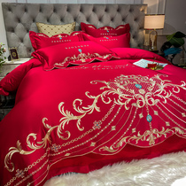 Eurostyle upscale luxury pure cotton New wedding celebration Four sets of full cotton red embroidered quilt cover with wedding bed supplies