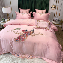 Eurostyle Wedding four sets of all-cotton pure cotton upscale peacock embroidery quilt cover large red bed linen wedding bed supplies