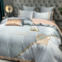 Light extravagant Eurostyle summer ice silk four pieces of pure cotton embroidered real silk quilt cover all-cotton bed sheet high-end bedding