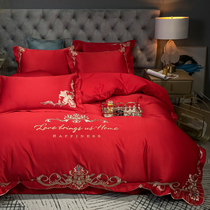 Upscale European-style goon satin all-cotton wedding with four sets of large red pure cotton linen beds Extravagant Wedding Bed bedding