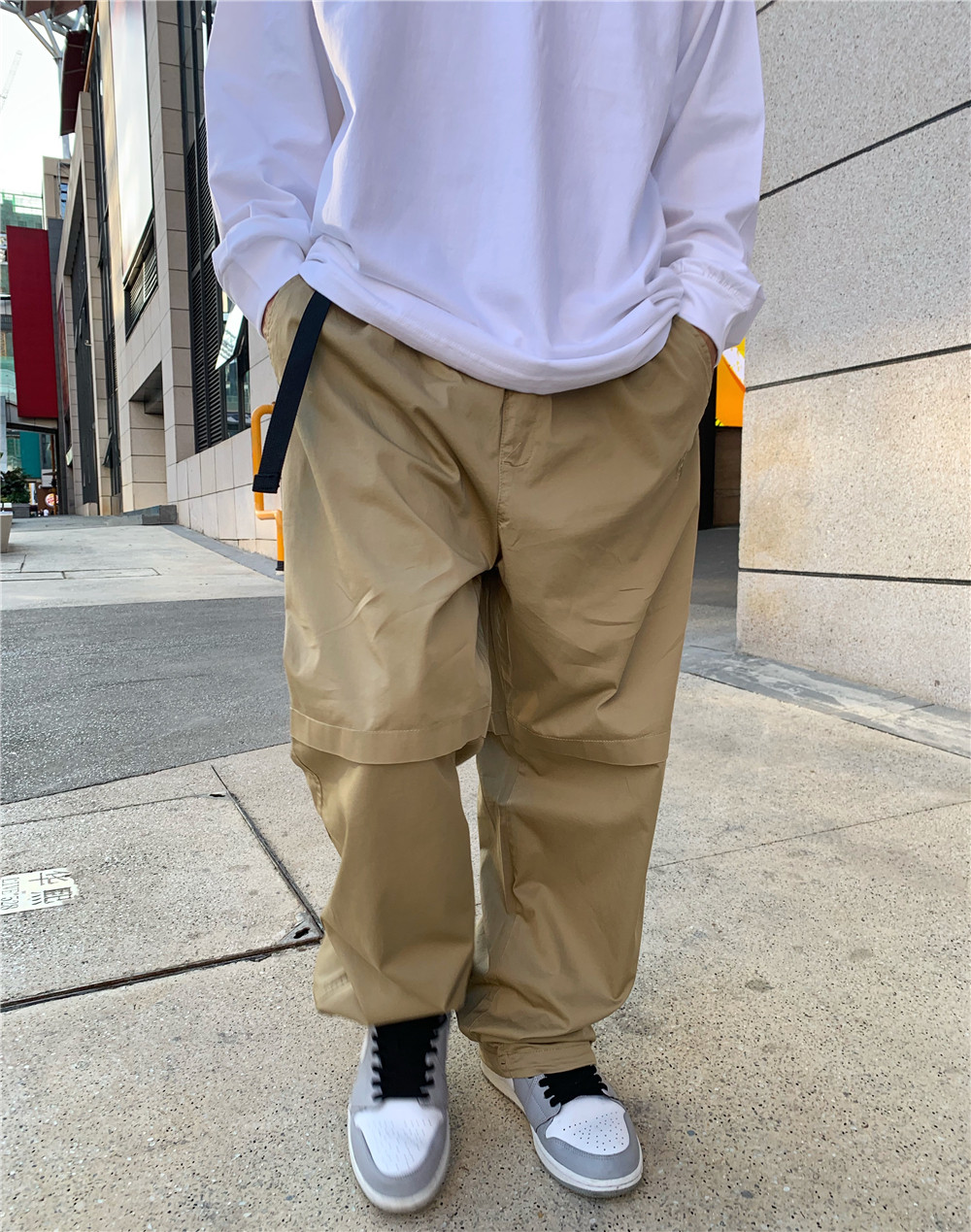 hiphop弹力宽松调节卡其色工装裤男街头纯色街舞滑板休闲裤推荐