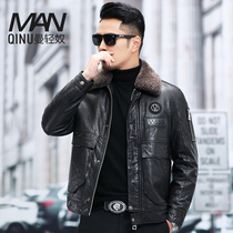Haining leather down jacket mens short Lamb hair lapel oil wax locomotive leather leather coat goat jacket jacket