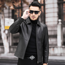 Haining leather leather mens head layer cowhide short lapel slim slim leather jacket middle-aged casual single leather thin coat