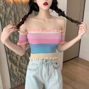 Sexy thin stripe T-shirt off shoulder T-shirt with high waist