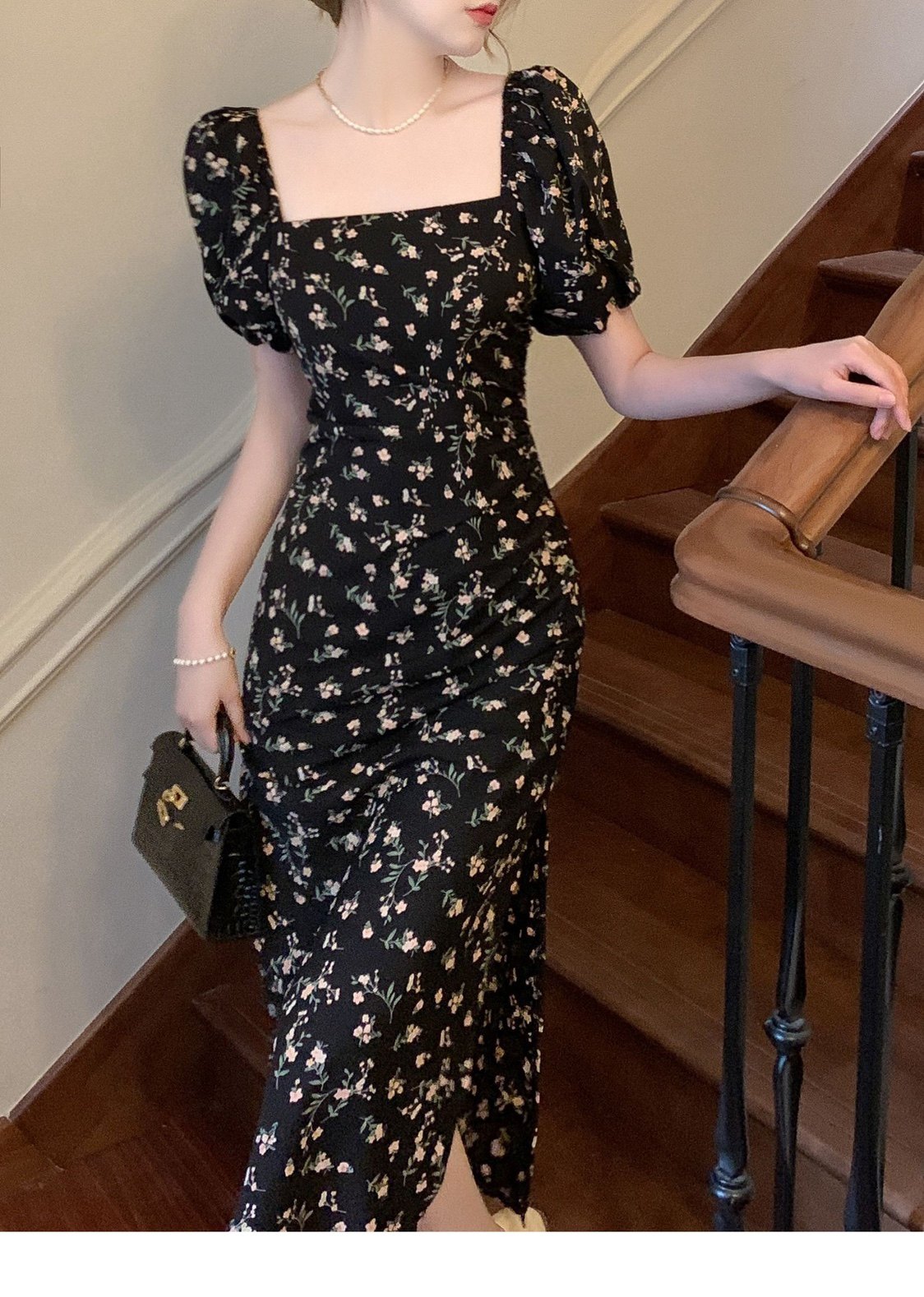 chin小众设计气质黑色碎花连衣裙 2214 现货 - 17网