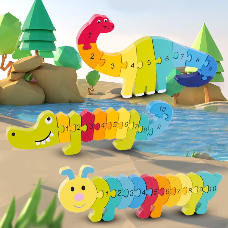 Dinosaur Wooden Puzzle 1 Digital Early Education Enlightenment 2 Children 3 years 4 Second baby Kindergarten Small Class Puzzle Area Toys