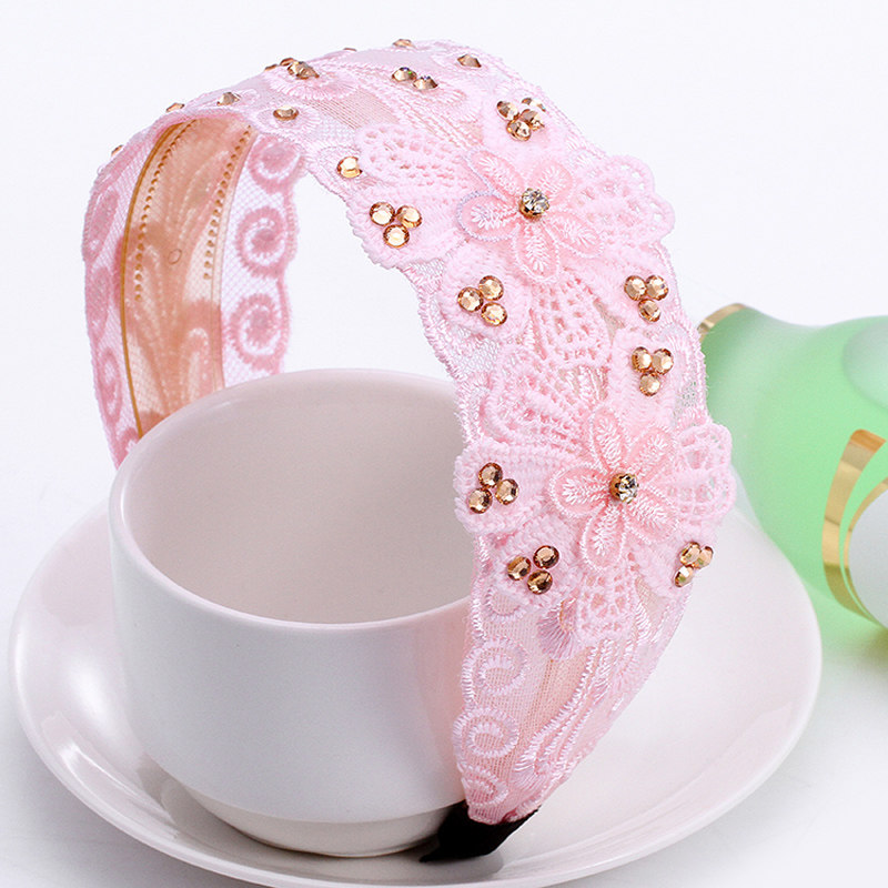 韩国女发饰水钻蕾丝发箍宽边镂空满钻头箍头饰防滑压发带钻发卡子