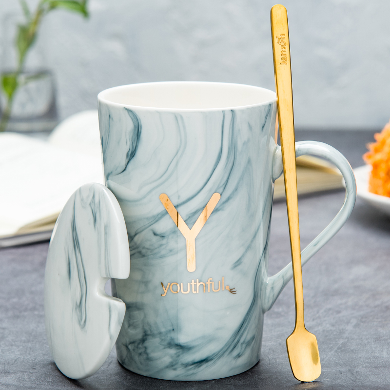 Creative ins couples ceramic water mark cup with cover milk coffee cup men 's and women' s household teaspoons of move trend