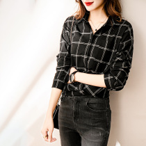 Thousands Birds Checkered in the middle of the Long Lining Clothes Woman 2021 Spring Dress New Light Cooked Retro Shirt Port Taste 100 Hitch Blouse