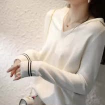 100 pure cashmere even cap cashmere sweatshirt female autumn winter new V collar loose with cap sweater Korean version knitted sweater short