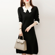 Wool Knitted Dress Women 2020 Autumn New Model Temperament Slim Doll Butterfly Collar Medium-length dress base skirt