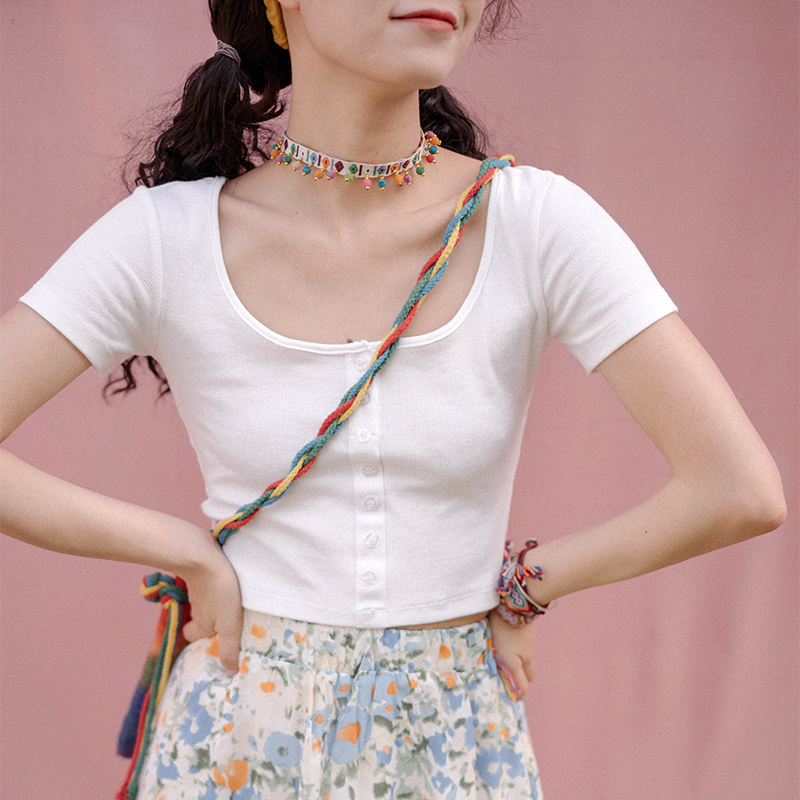 Slim T-shirt short solid color elastic base womens summer short sleeved high-waisted knitted top exposed collarbone versatile thin