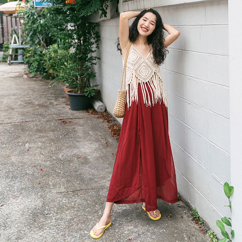 High-waisted ice silk chiffon wide-leg pants womens drooping summer thin nine points small show high ocean quality travel clothes