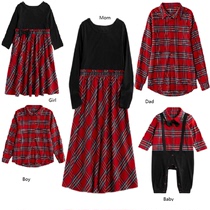 2021 autumn winter Christmas parent-child dress mother and daughter high waist stitching plaid dress father and son long sleeve shirt men Bao ha