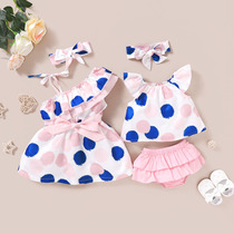 2021 Xia baby sister dress female treasure Lotus leaved edge shoulder belt skirt baby flying sleeve color wave point two-piece set