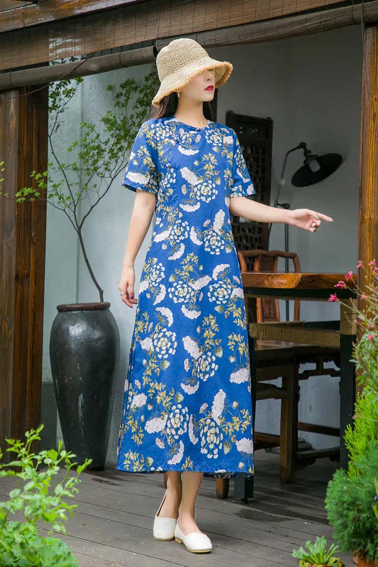 民族风苎麻连衣裙夏圆领斜襟盘扣短袖40-60岁中老年复古改良旗袍m