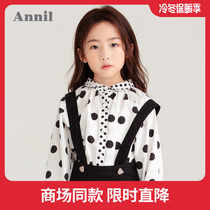 Anna children's clothing girls' long sleeve shirt for the same mall autumn big children's western style black edge polka dot pure cotton shirt