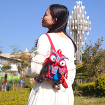 Yunnan ethnic style Owl small shoulder bag Children stitching cloth embroidery fabric bag Cute personality backpack