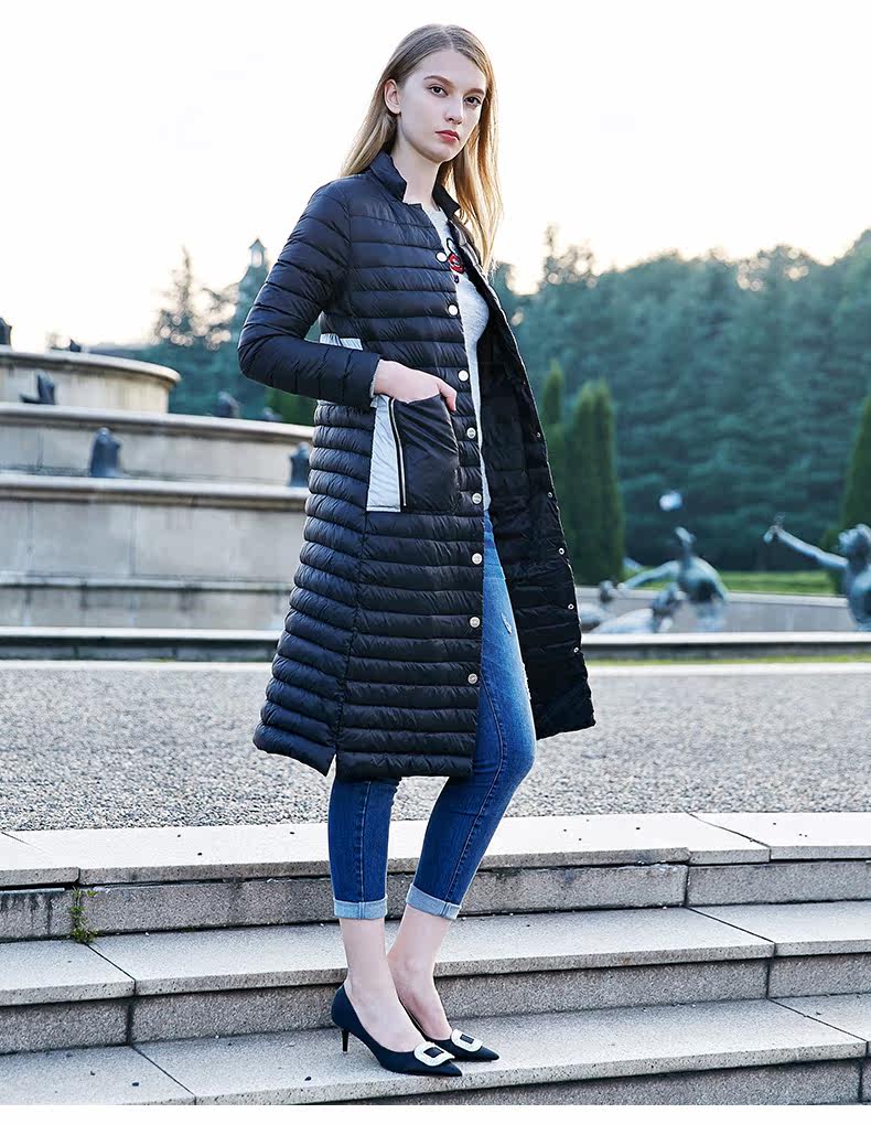 欧珂2017冬女时尚休闲百搭中长款薄羽绒轻羽绒服外套d41091084