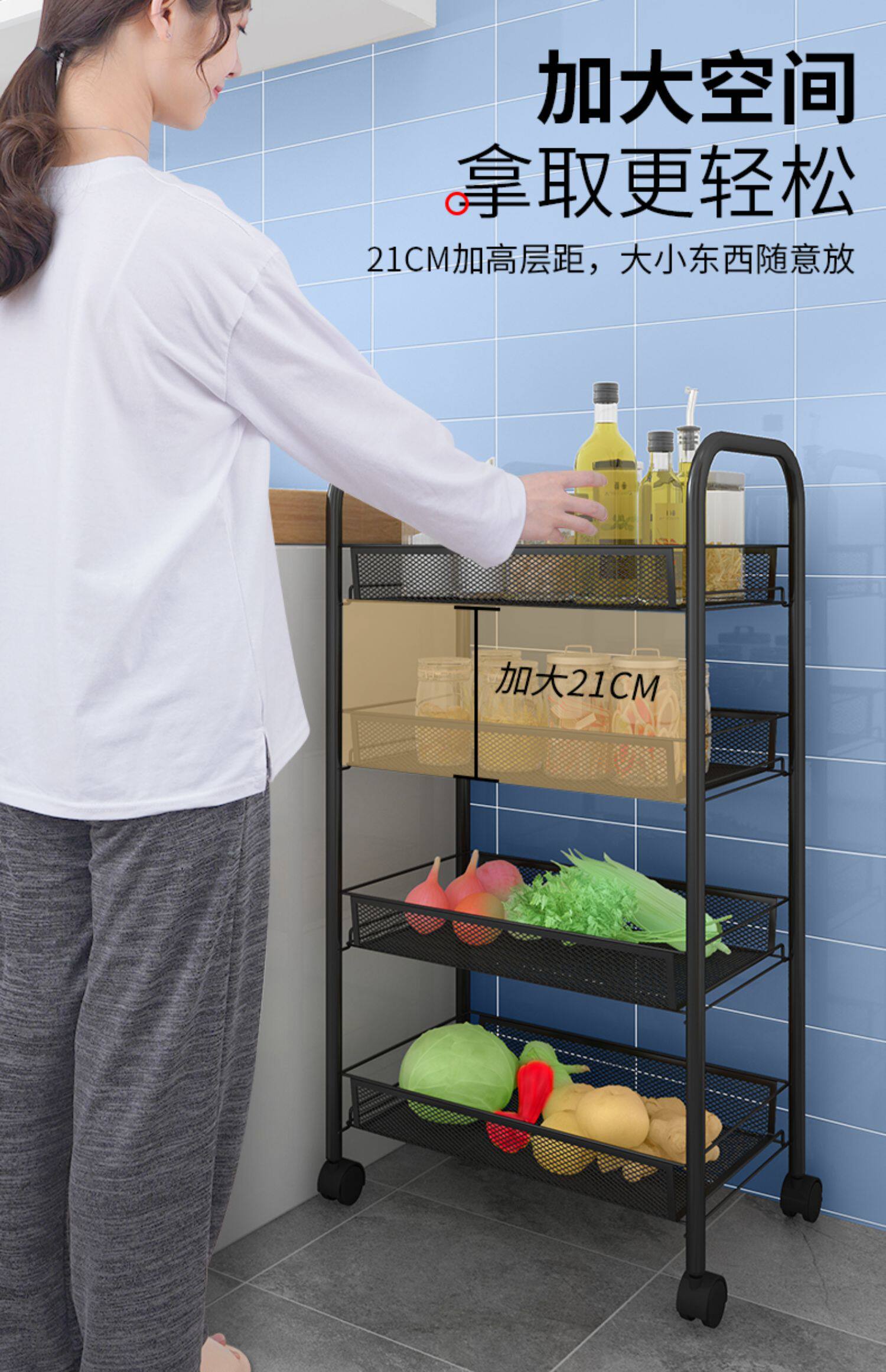 厨房置物架落地多层可移动小推车收纳架厨房蔬菜篮子收纳架菜架子